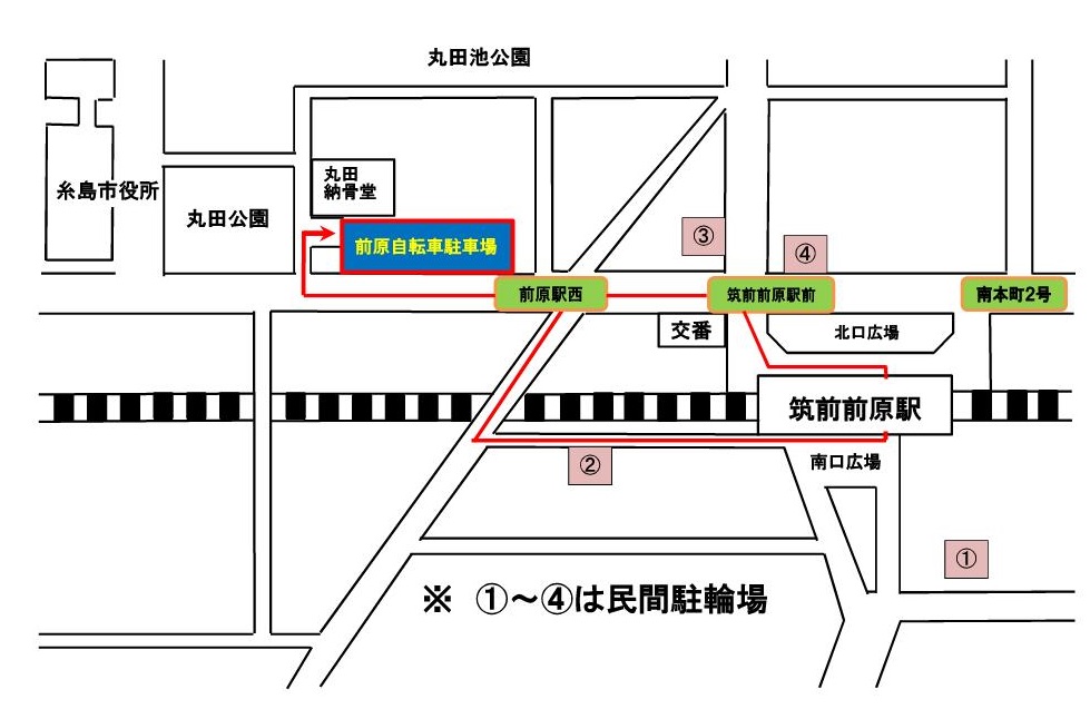 筑前前原駅から前原自転車駐車場までの地図