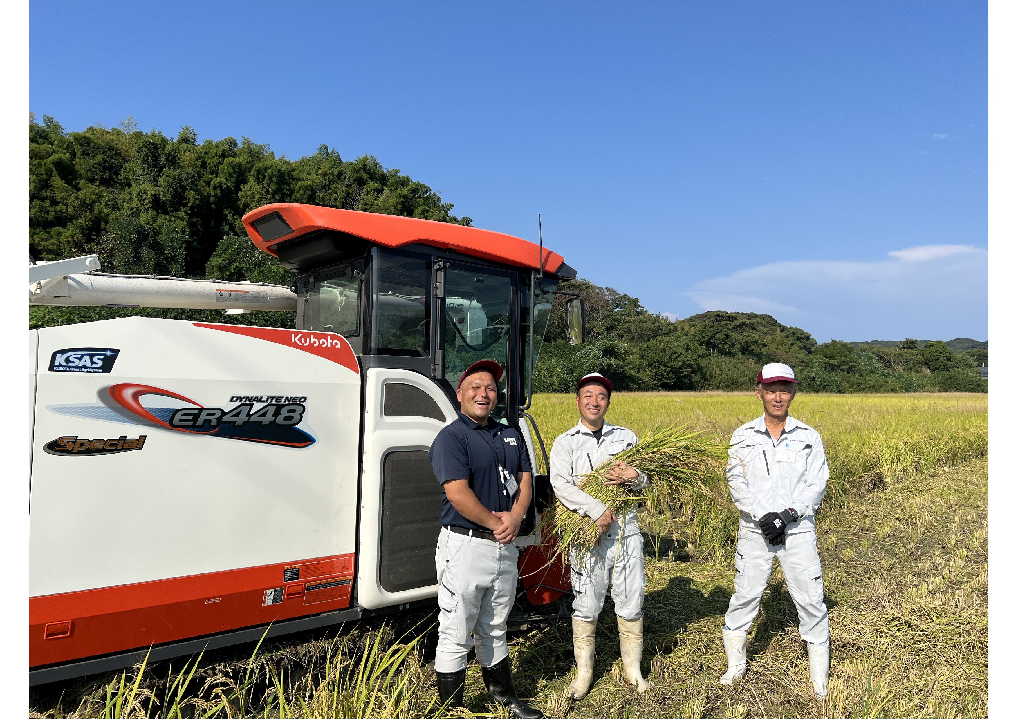 糸島市東の田んぼにて稲刈りをする三苫さん（左）、楢崎さん（中央）、友岡さん（右）
