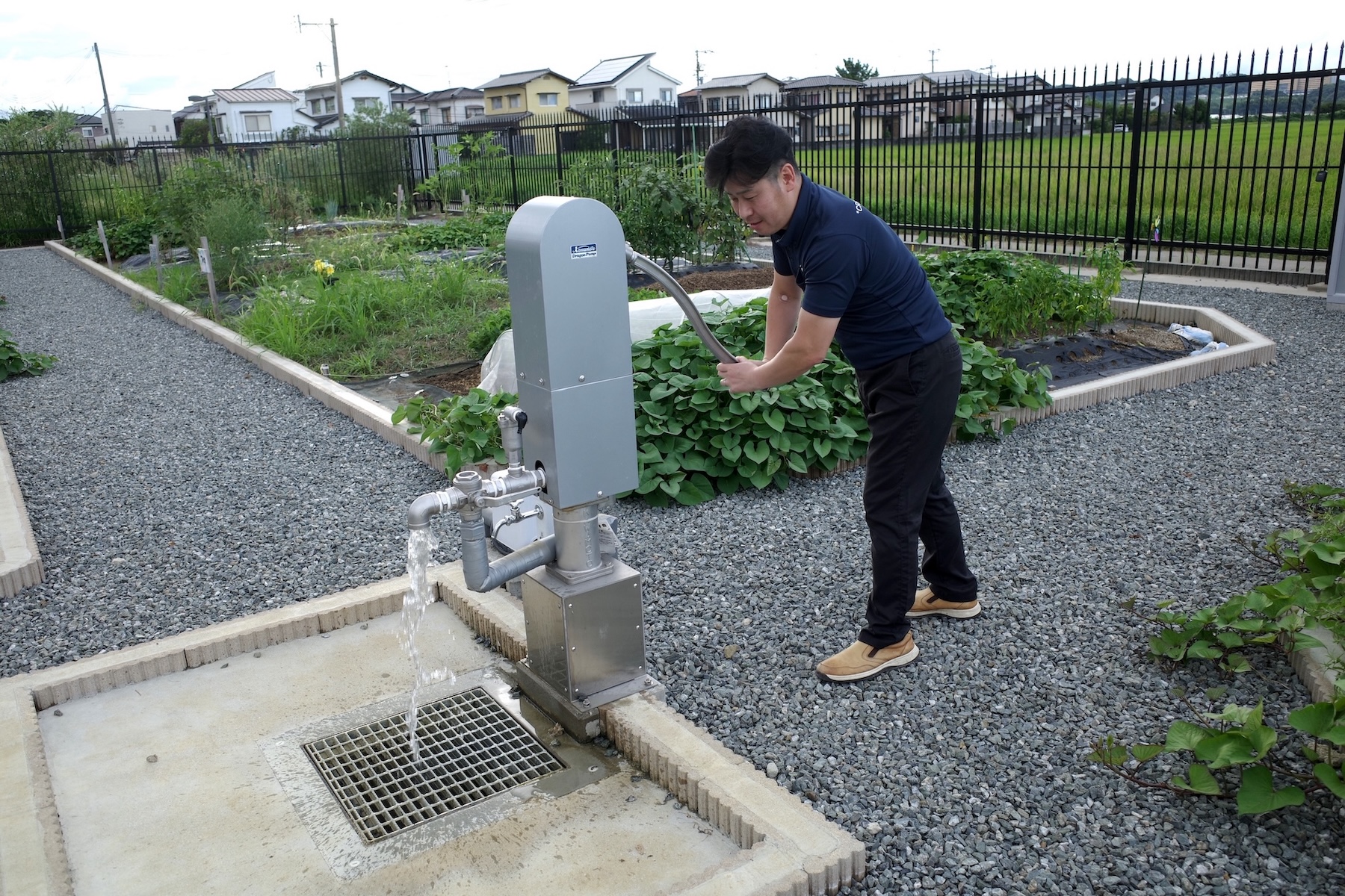 共同菜園にある手動のポンプ式井戸