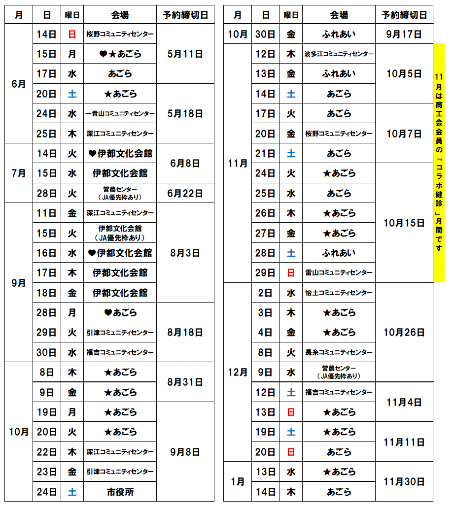 集団健診日程表